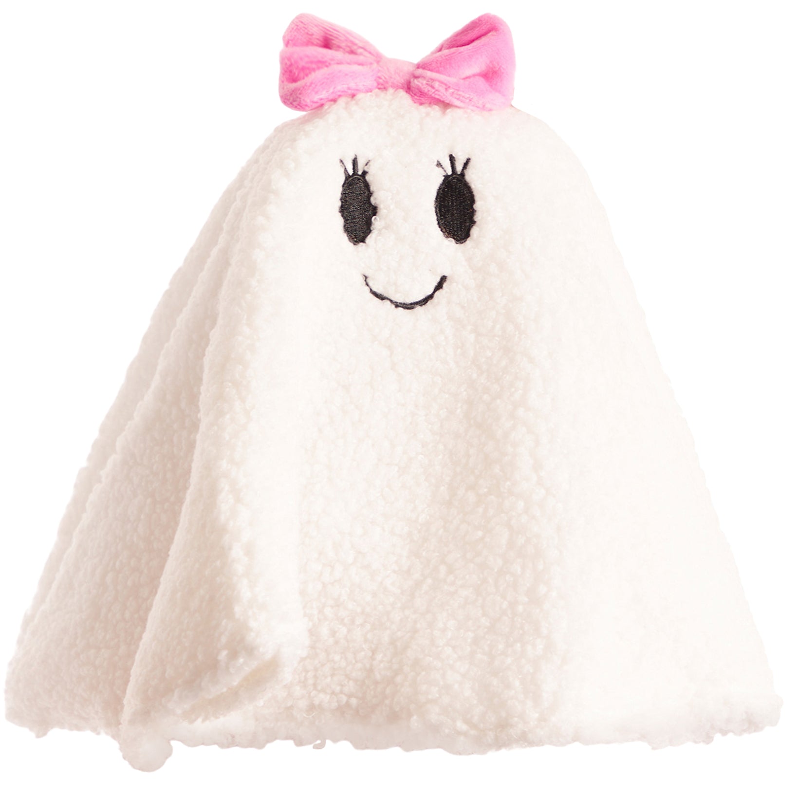 A white plush ghost-shaped headband with a pink bow on top and a simple black embroidered face, shown on a plain white background.