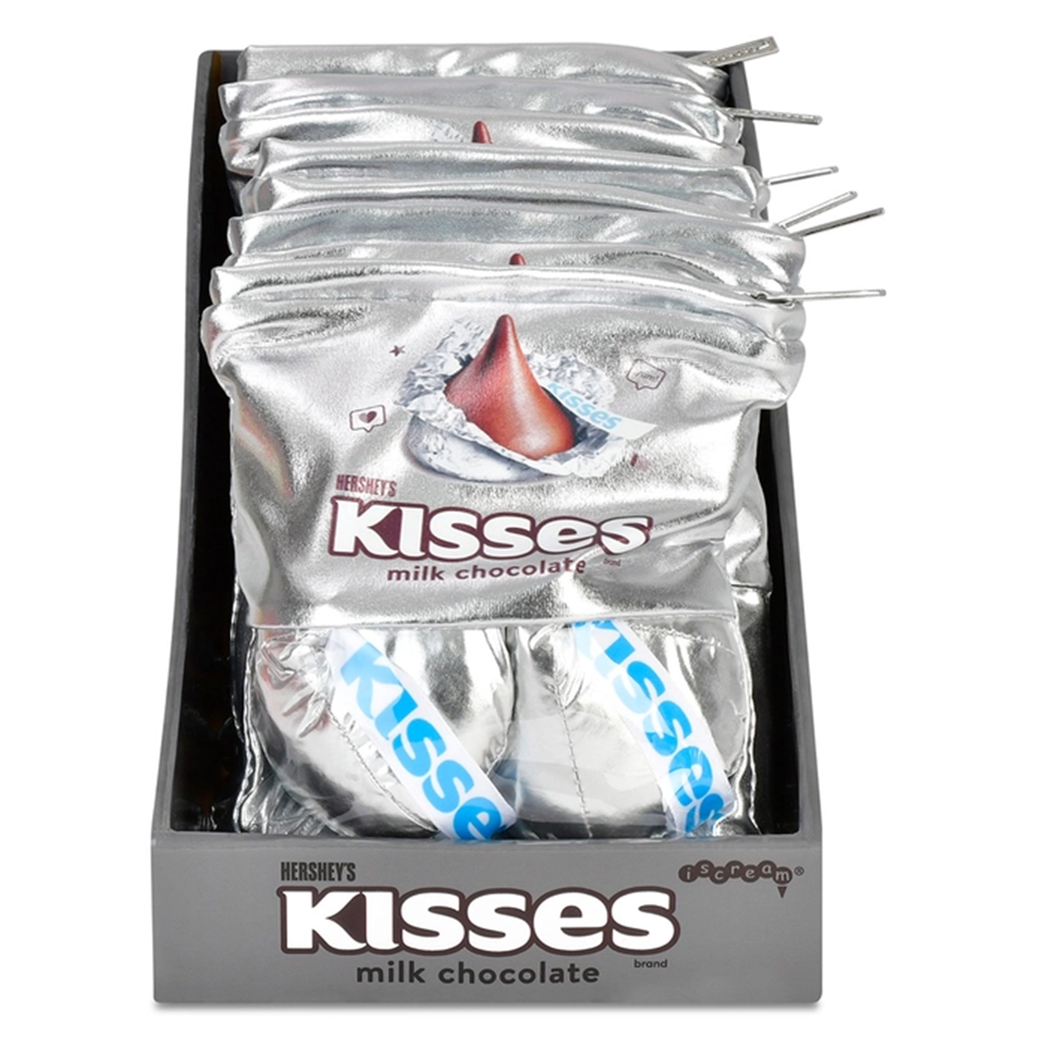 A display box filled with multiple foil packages of Hershey's Kisses milk chocolate, shown against a plain white background.