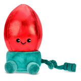 A red and teal plush toy shaped like a light bulb with a smiling face and a coiled tail, shown on a plain white background.