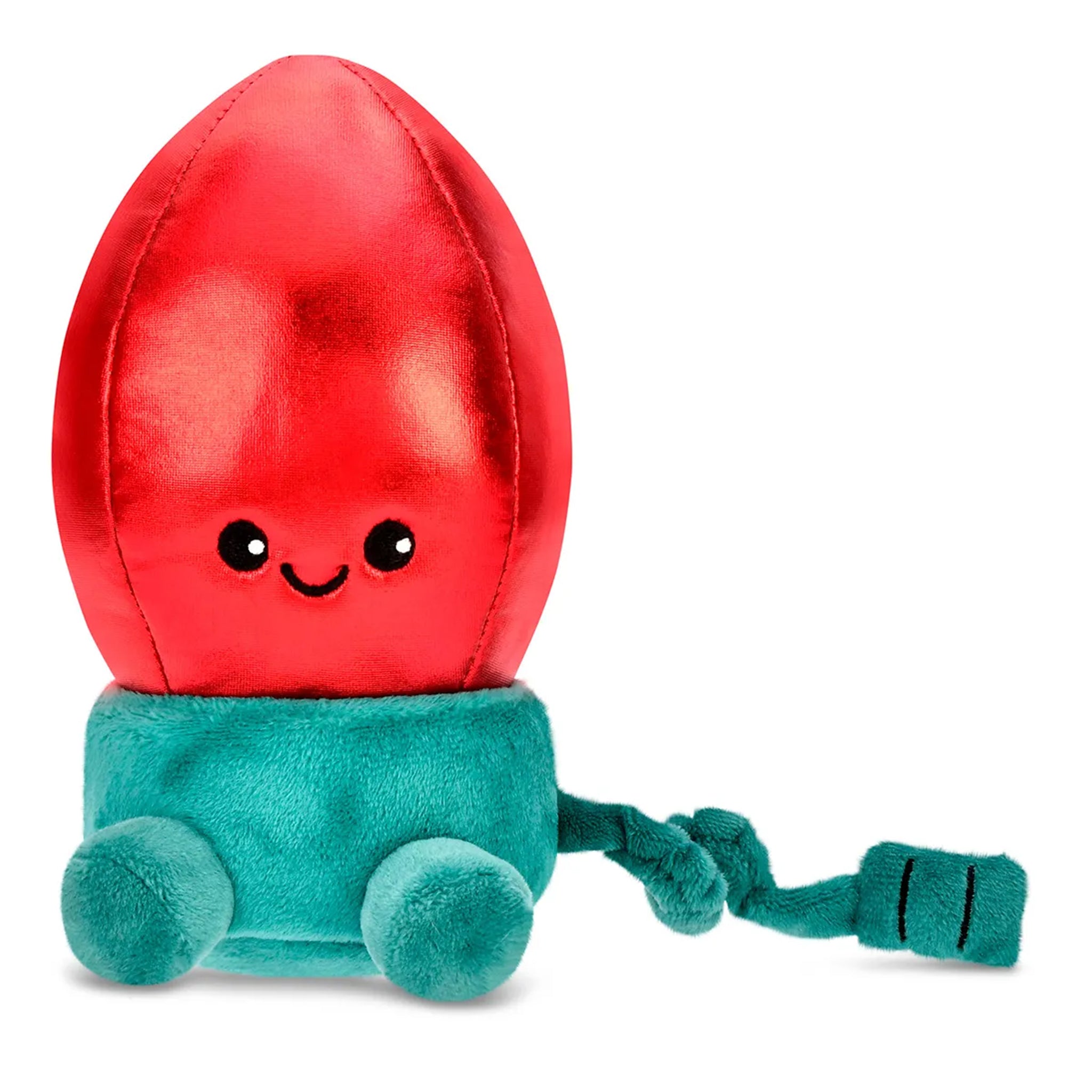 A red and teal plush toy shaped like a light bulb with a smiling face and a coiled tail, shown on a plain white background.