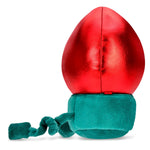 A plush Christmas ornament toy with a shiny metallic red top and a fuzzy teal green base with a matching braided tail, shown on a white background.