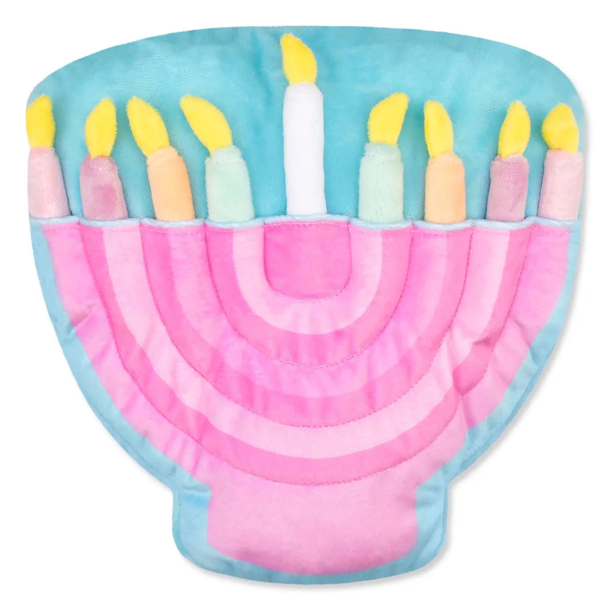 A plush toy menorah with a light blue body, pink arched inner lining, and nine colorful candle shapes with yellow flames, shown on a plain white background.