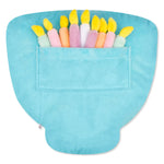 A light blue plush novelty blanket shaped like a chair, featuring a front pocket with ten colorful plush candle-like shapes sticking out of the top, shown on a plain white background.