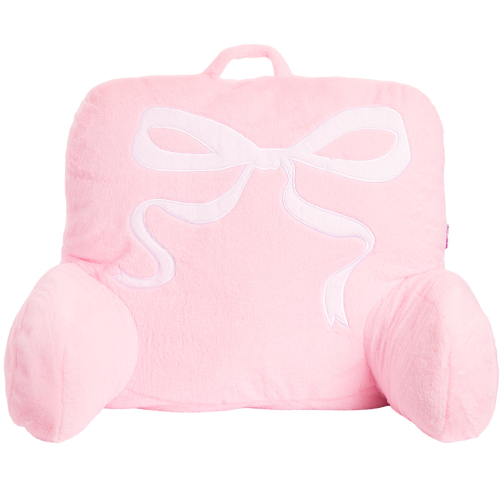 A pink plush baby support pillow shaped like a gift box with a white embroidered bow on the front, set against a plain white background.