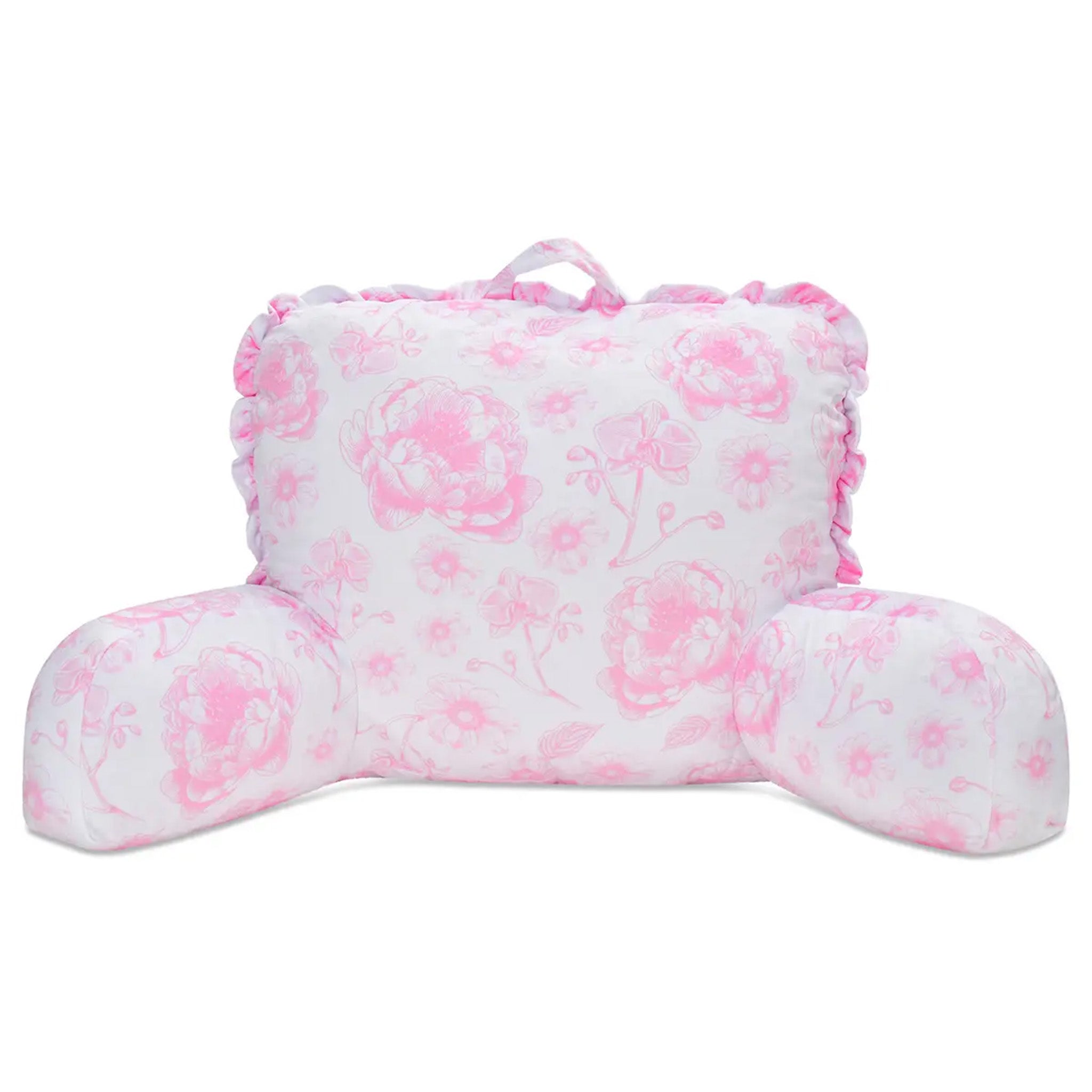 A pink and white floral lounge pillow with ruffled edges and a top carrying handle, shown on a plain white background.