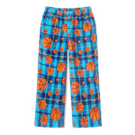 Blue and navy plaid pajama pants with an orange basketball pattern, featuring orange basketballs, stars, and stripes, shown flat on a white background.