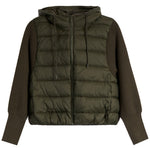 An olive green hooded puffer vest with ribbed knit sleeves, shown against a plain white background.
