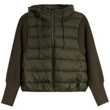 An olive green hooded puffer vest with ribbed knit sleeves, shown against a plain white background.