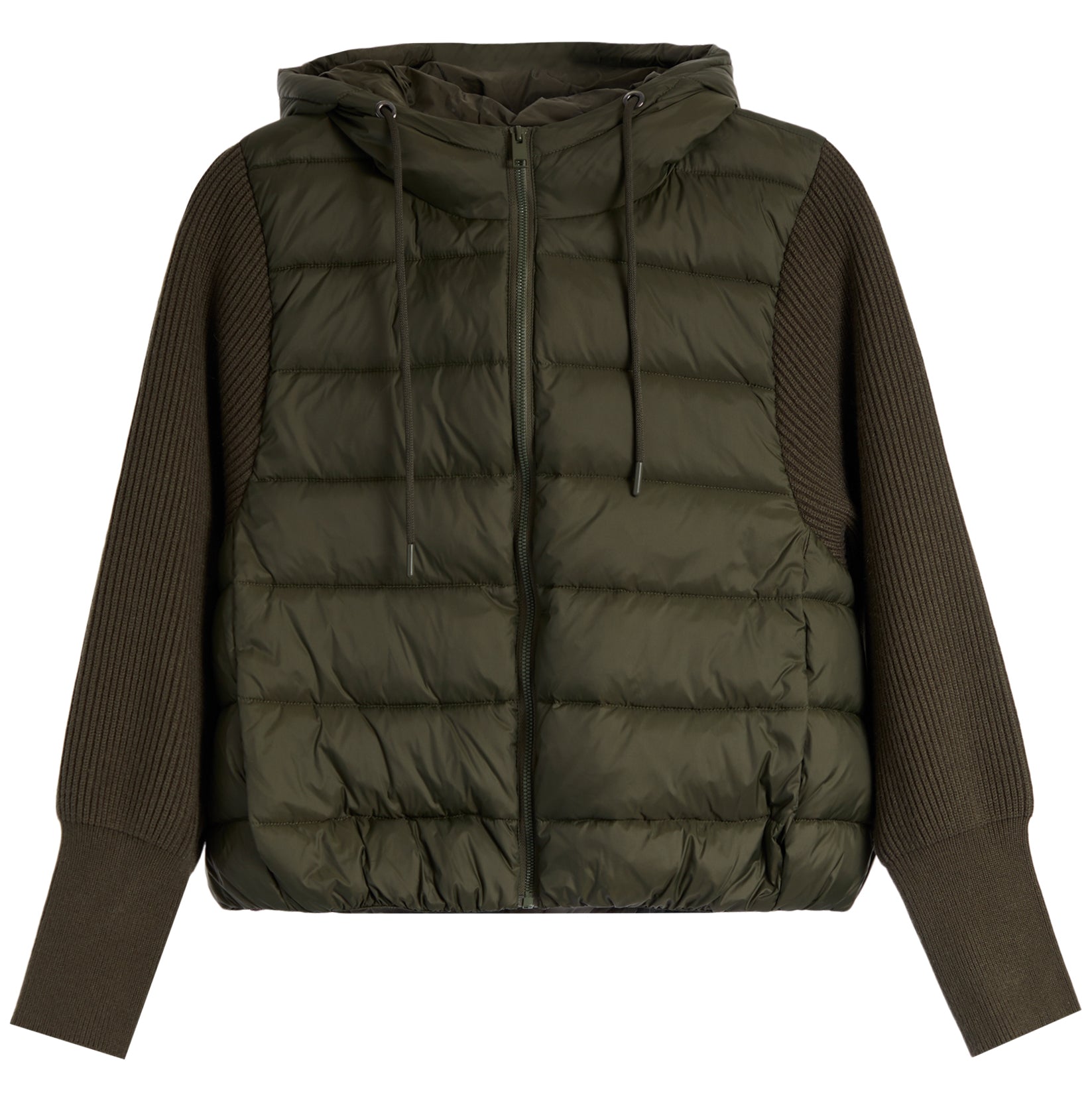 An olive green hooded puffer vest with ribbed knit sleeves, shown against a plain white background.