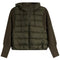 An olive green hooded puffer vest with ribbed knit sleeves, shown against a plain white background.