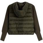 An olive green hooded puffer vest layered over a matching ribbed knit sweater, shown from the back against a plain white background.
