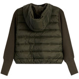 An olive green hooded puffer vest layered over a matching ribbed knit sweater, shown from the back against a plain white background.