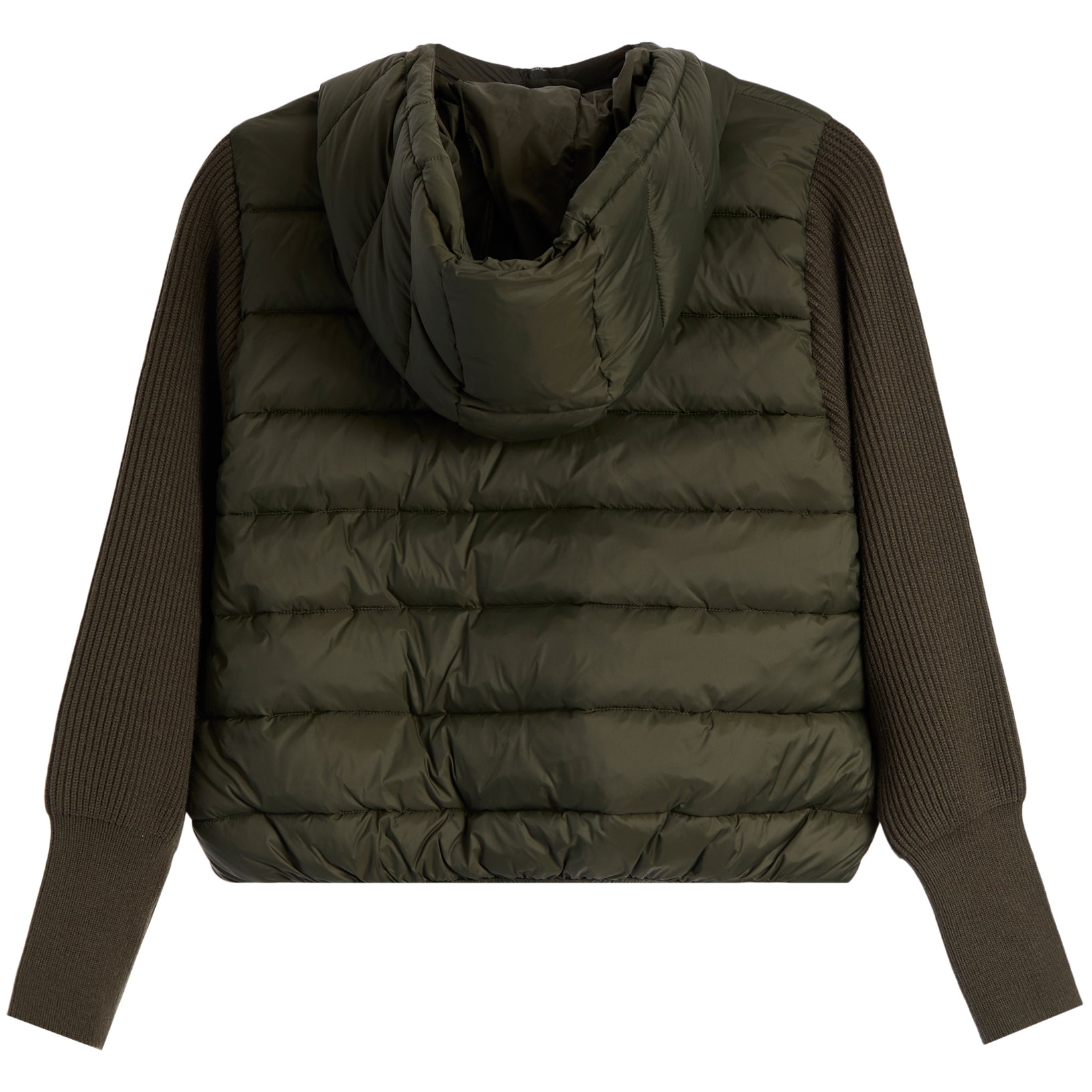 An olive green hooded puffer vest layered over a matching ribbed knit sweater, shown from the back against a plain white background.