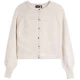 A cream-colored knit cardigan sweater with brown wooden buttons, shown flat on a white background.