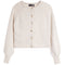 A cream-colored knit cardigan sweater with brown wooden buttons, shown flat on a white background.