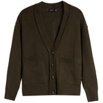 An olive brown knit cardigan sweater with a V-neck, button closure, and front patch pockets, shown flat on a white background.