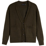 An olive brown knit cardigan sweater with a V-neck, button closure, and front patch pockets, shown flat on a white background.