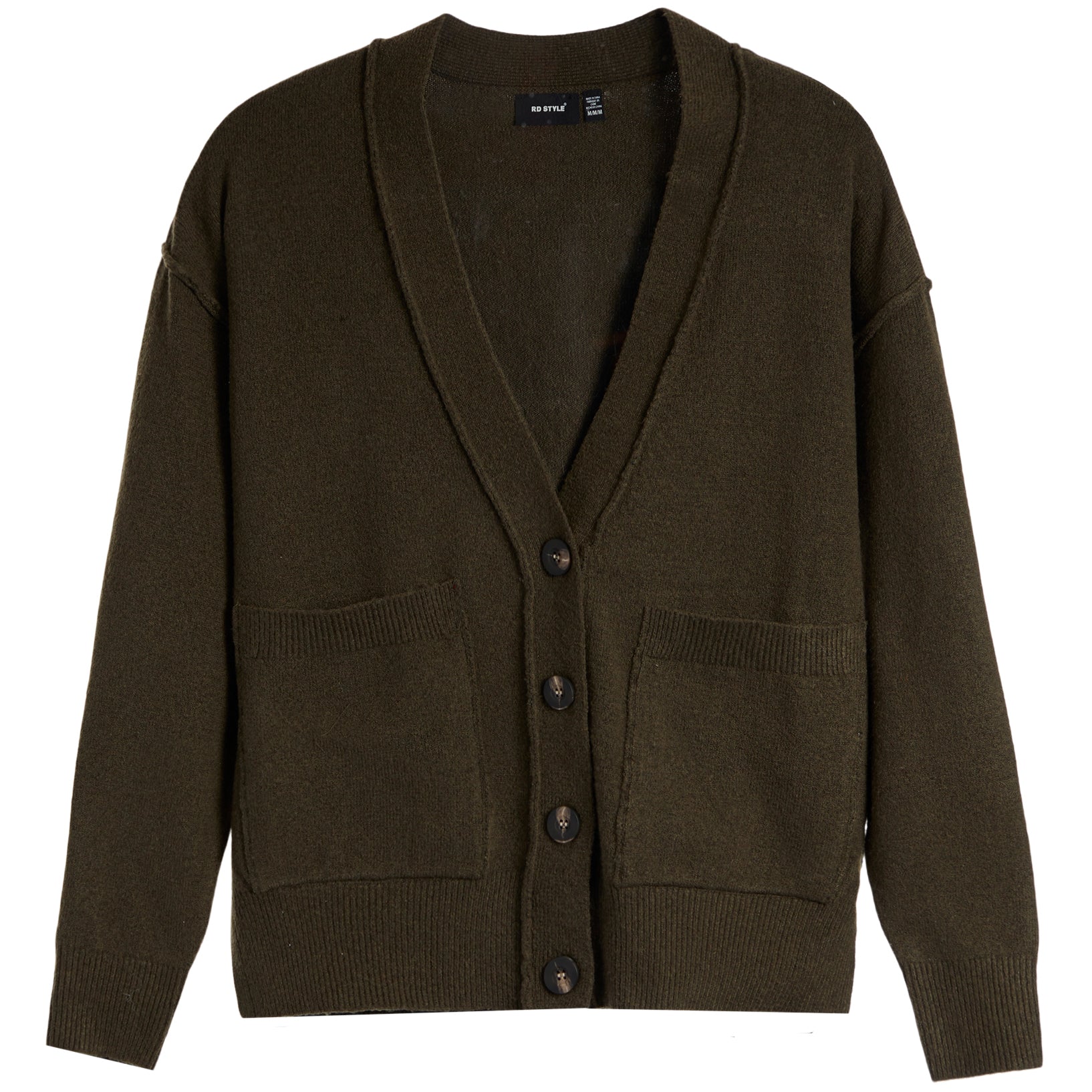 An olive brown knit cardigan sweater with a V-neck, button closure, and front patch pockets, shown flat on a white background.