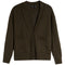 An olive brown knit cardigan sweater with a V-neck, button closure, and front patch pockets, shown flat on a white background.