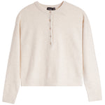 A cream-colored knit sweater with a short button placket, ribbed collar, cuffs, and hem, shown flat on a white background.