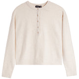 A cream-colored knit sweater with a short button placket, ribbed collar, cuffs, and hem, shown flat on a white background.