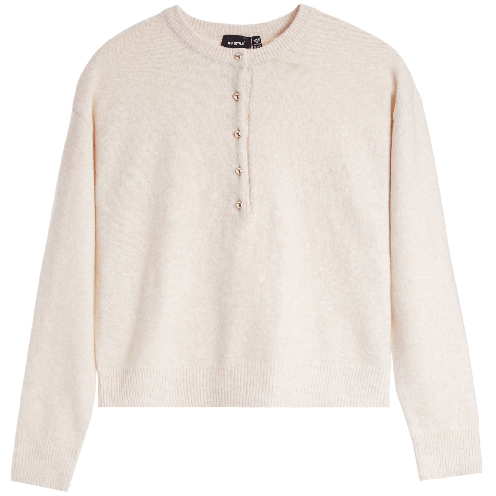 A cream-colored knit sweater with a short button placket, ribbed collar, cuffs, and hem, shown flat on a white background.