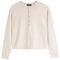 A cream-colored knit sweater with a short button placket, ribbed collar, cuffs, and hem, shown flat on a white background.