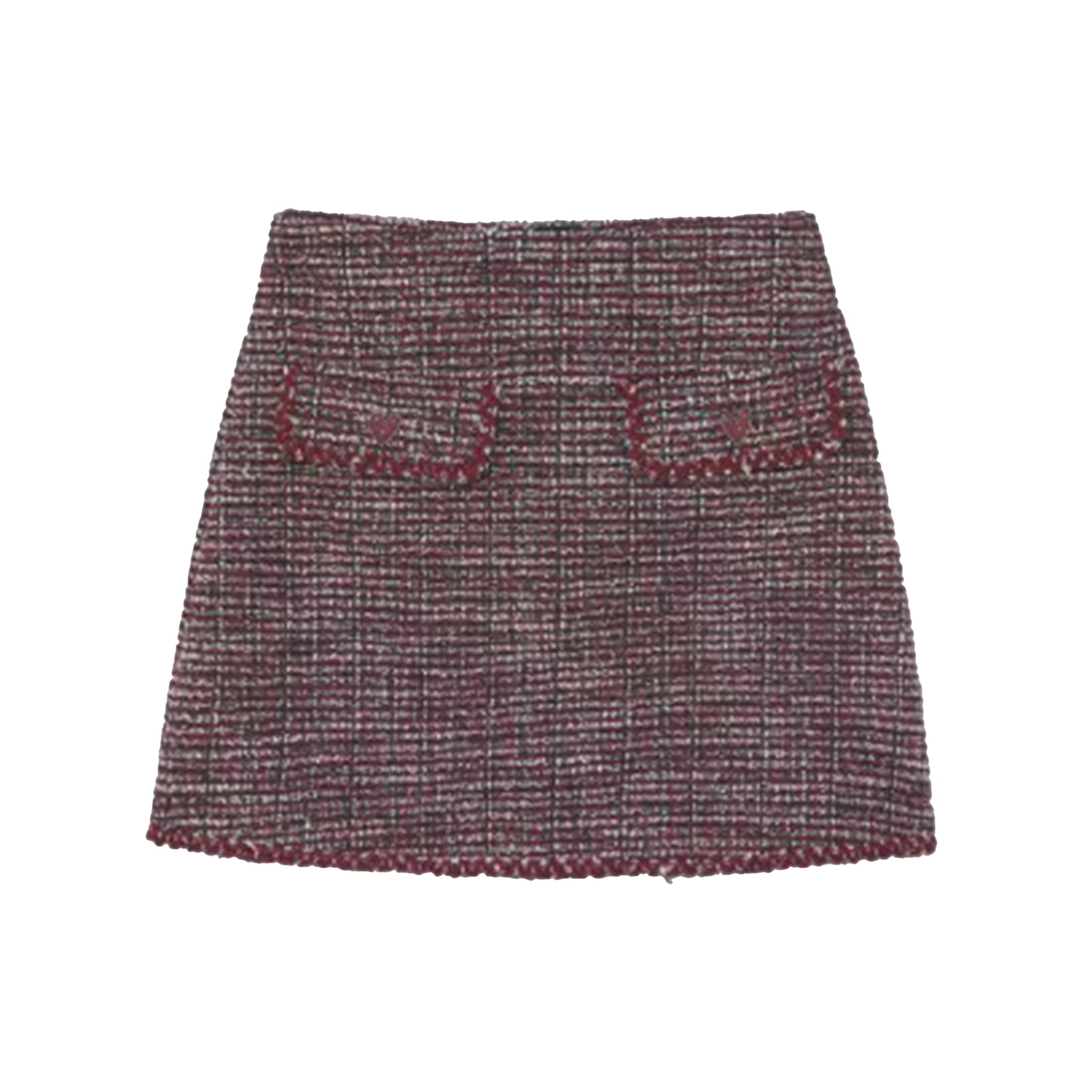 A tweed mini skirt in a marled burgundy and gray pattern, featuring two decorative front pockets with matching embroidered detailing, shown flat on a white background.