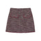 A tweed mini skirt in a marled burgundy and gray pattern, featuring two decorative front pockets with matching embroidered detailing, shown flat on a white background.