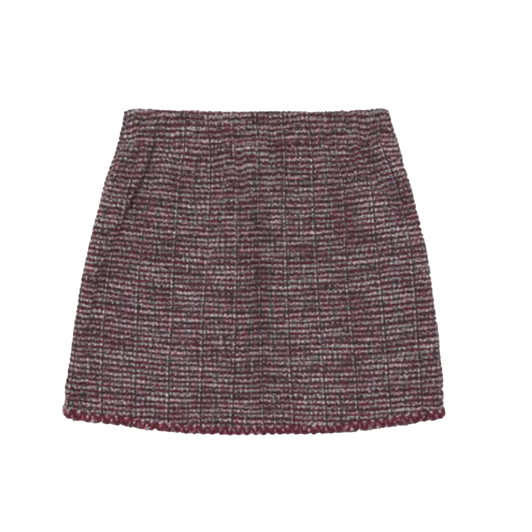 A short A-line skirt in a textured tweed bouclé fabric, featuring a marled pattern of burgundy, brown, and beige threads, finished with a matching ribbed hem.