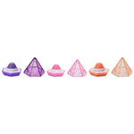 Five small pyramid-shaped lip balms in purple, pink, and orange, arranged in a row on a plain white background.