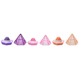 Five small pyramid-shaped lip balms in purple, pink, and orange, arranged in a row on a plain white background.