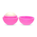 A pink lip balm container shown open with the lid removed, revealing a white balm ball inside one half and an empty pink half in the other, on a white background.