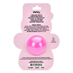 Pink flower-shaped blister card packaging for a pink lip balm, with product text and a barcode on a white background.