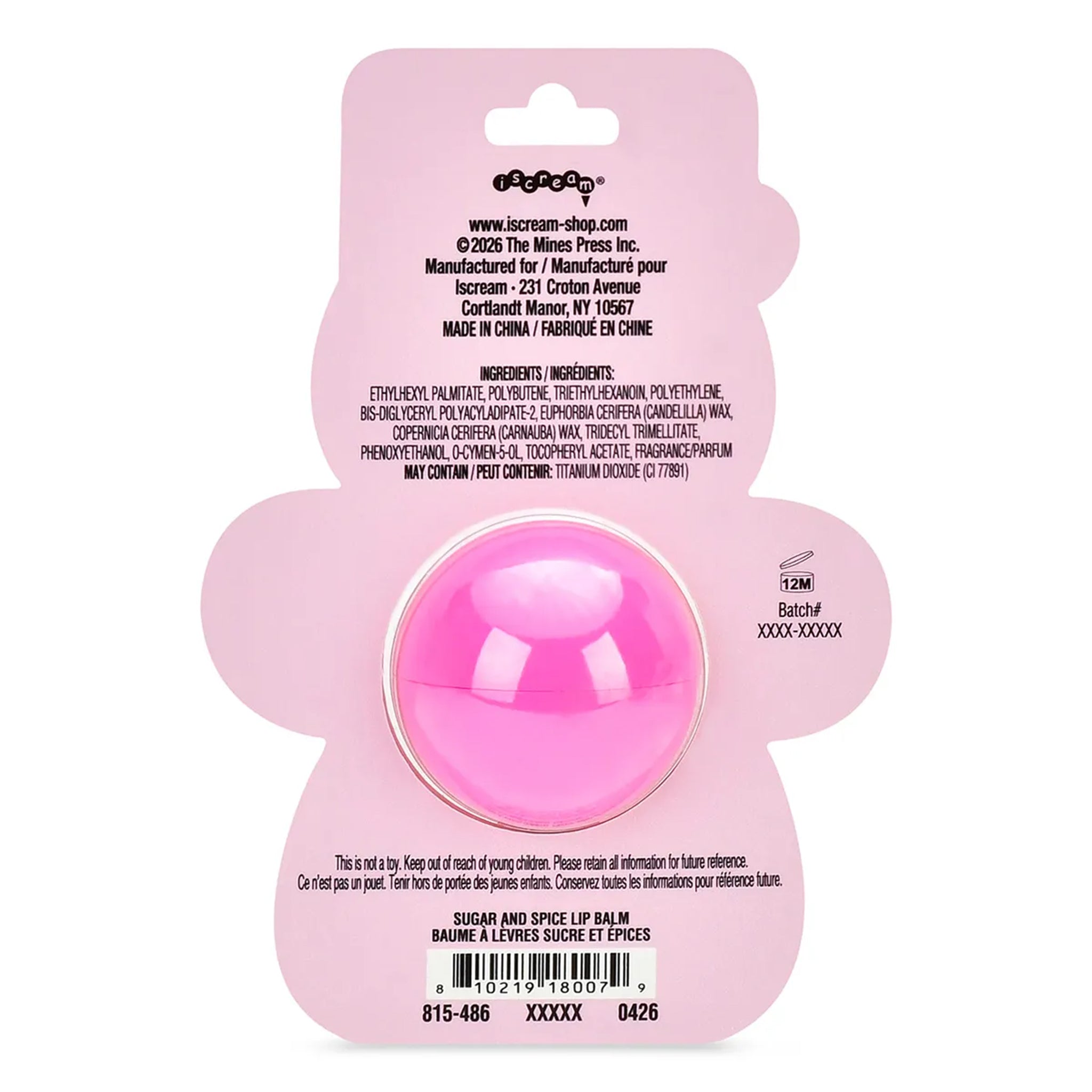 Pink flower-shaped blister card packaging for a pink lip balm, with product text and a barcode on a white background.