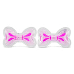 Two clear plastic bow-shaped accessories filled with pink glitter and featuring bright pink ribbon details, displayed side-by-side on a white background.