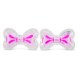 Two clear plastic bow-shaped accessories filled with pink glitter and featuring bright pink ribbon details, displayed side-by-side on a white background.
