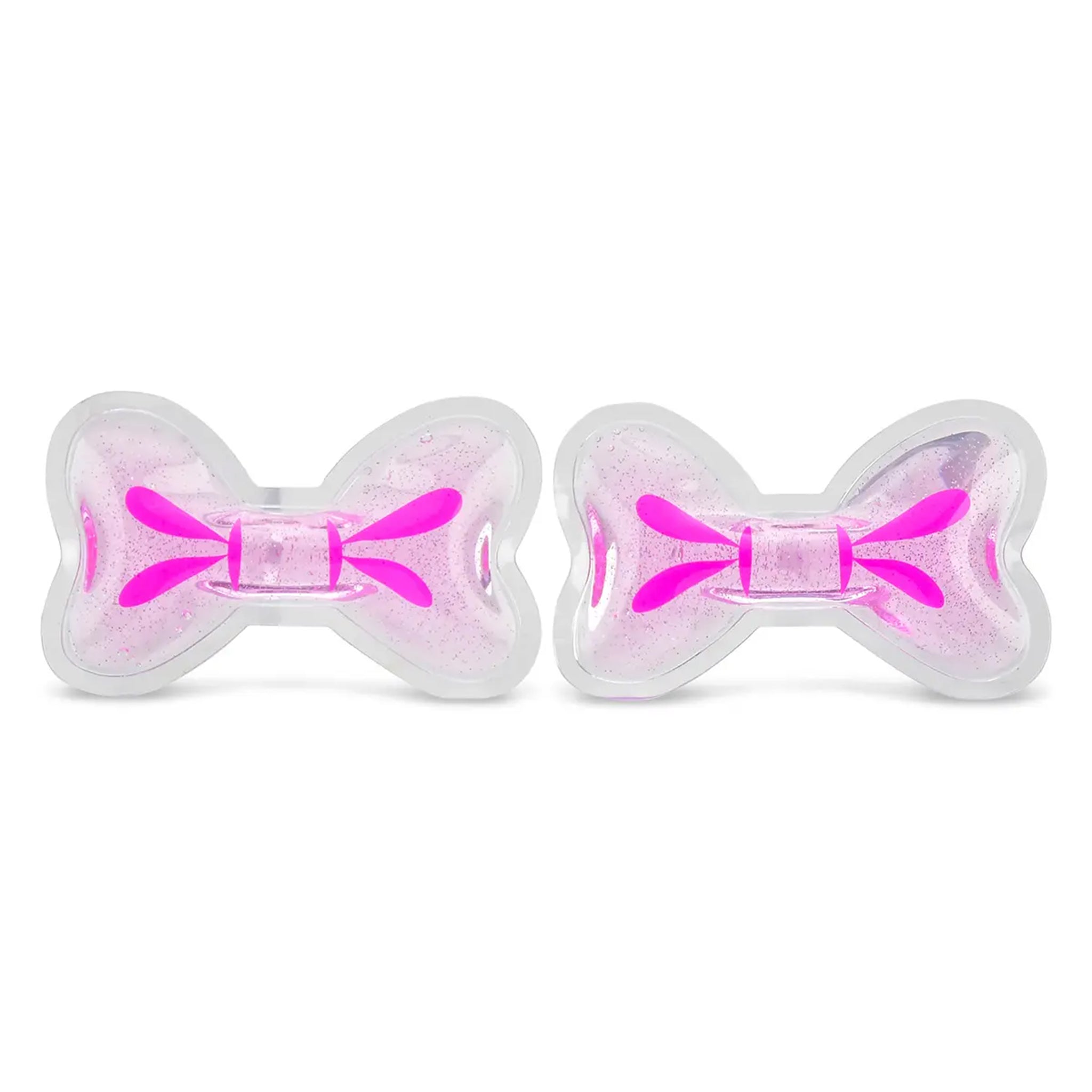 Two clear plastic bow-shaped accessories filled with pink glitter and featuring bright pink ribbon details, displayed side-by-side on a white background.