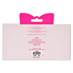 Back of a pink retail package for a bow gel eye pad, with a bright pink cat-ear-shaped hanger insert, product text, barcode, and a white background.