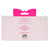 Back of a pink retail package for a bow gel eye pad, with a bright pink cat-ear-shaped hanger insert, product text, barcode, and a white background.