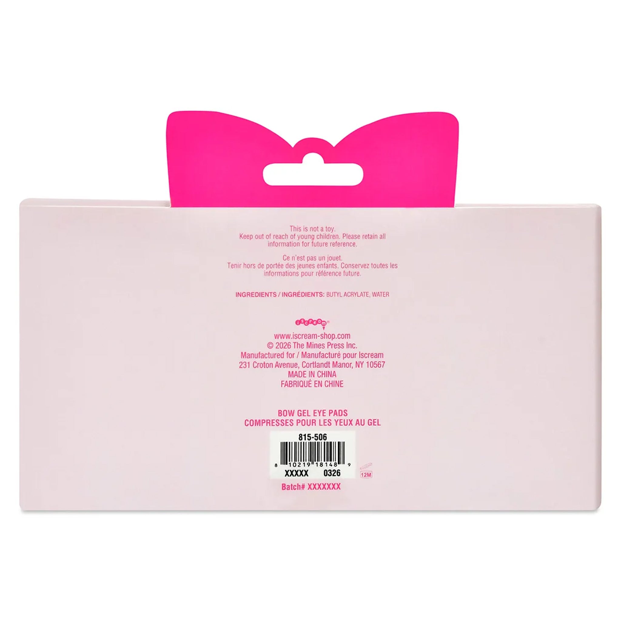 Back of a pink retail package for a bow gel eye pad, with a bright pink cat-ear-shaped hanger insert, product text, barcode, and a white background.