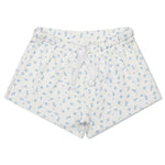 White textured shorts with a light blue floral pattern and a white drawstring waist, shown flat on a white background.