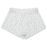 White textured shorts with a light blue floral pattern and a white drawstring waist, shown flat on a white background.