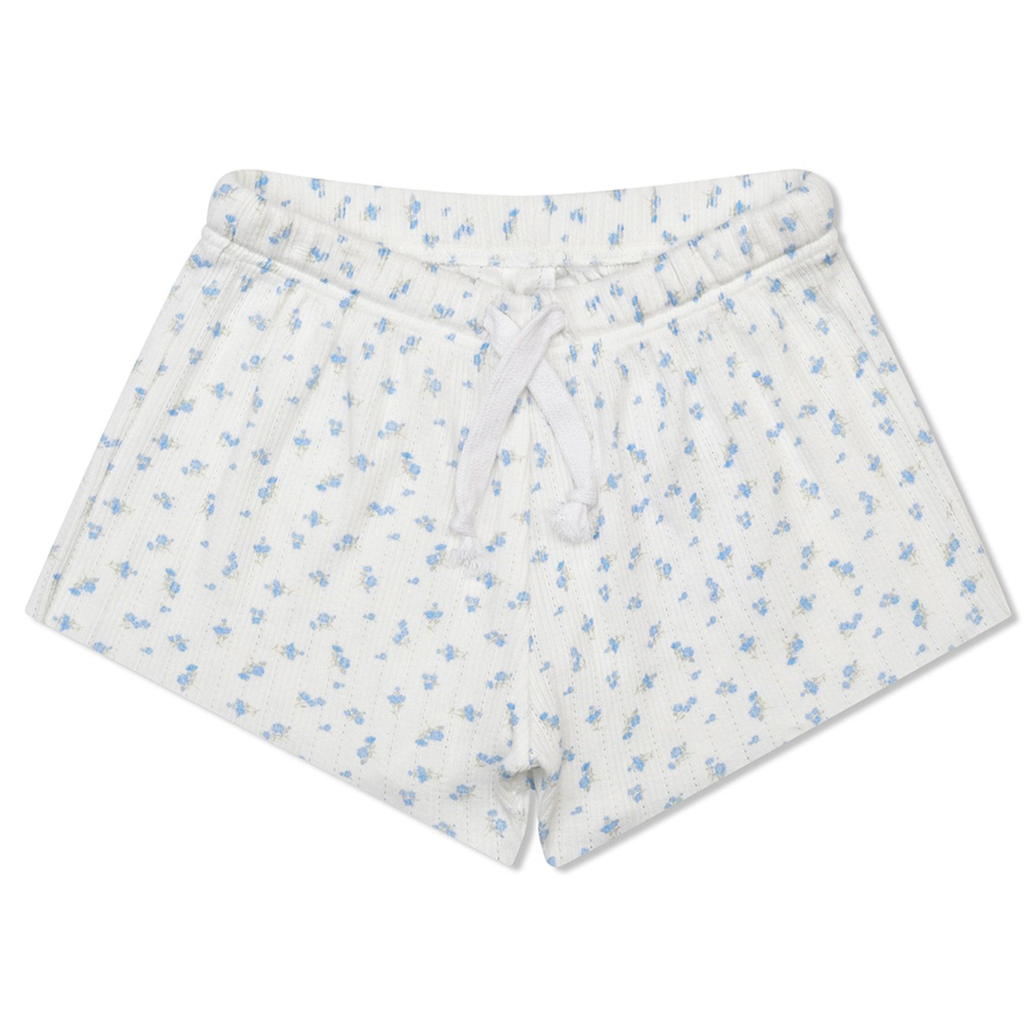 White textured shorts with a light blue floral pattern and a white drawstring waist, shown flat on a white background.