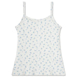 A white ribbed camisole tank top with a delicate light blue floral pattern, featuring thin shoulder straps and a scalloped edge along the bottom hem.