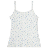 A white ribbed camisole tank top with a delicate light blue floral pattern, featuring thin shoulder straps and a scalloped edge along the bottom hem.