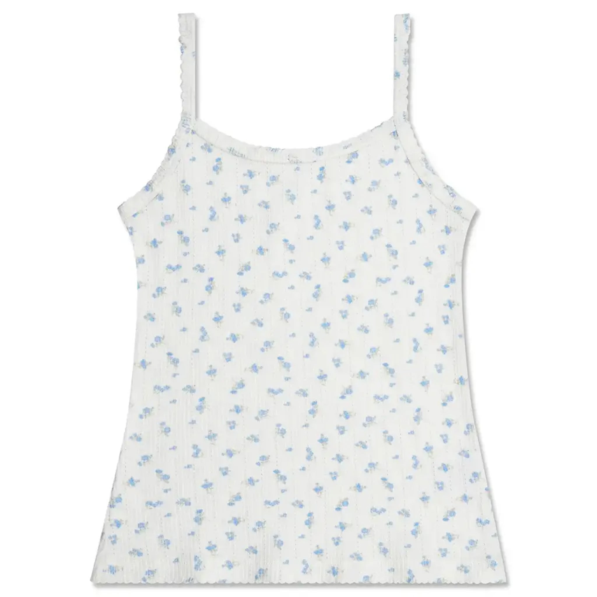 A white ribbed camisole tank top with a delicate light blue floral pattern, featuring thin shoulder straps and a scalloped edge along the bottom hem.
