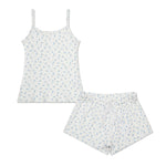 A two-piece children's sleepwear set featuring a white camisole tank top and matching shorts, both decorated with a small light blue floral pattern.