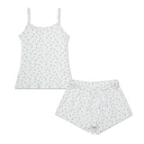 A two-piece children's sleepwear set featuring a white camisole tank top and matching shorts, both decorated with a small light blue floral pattern.