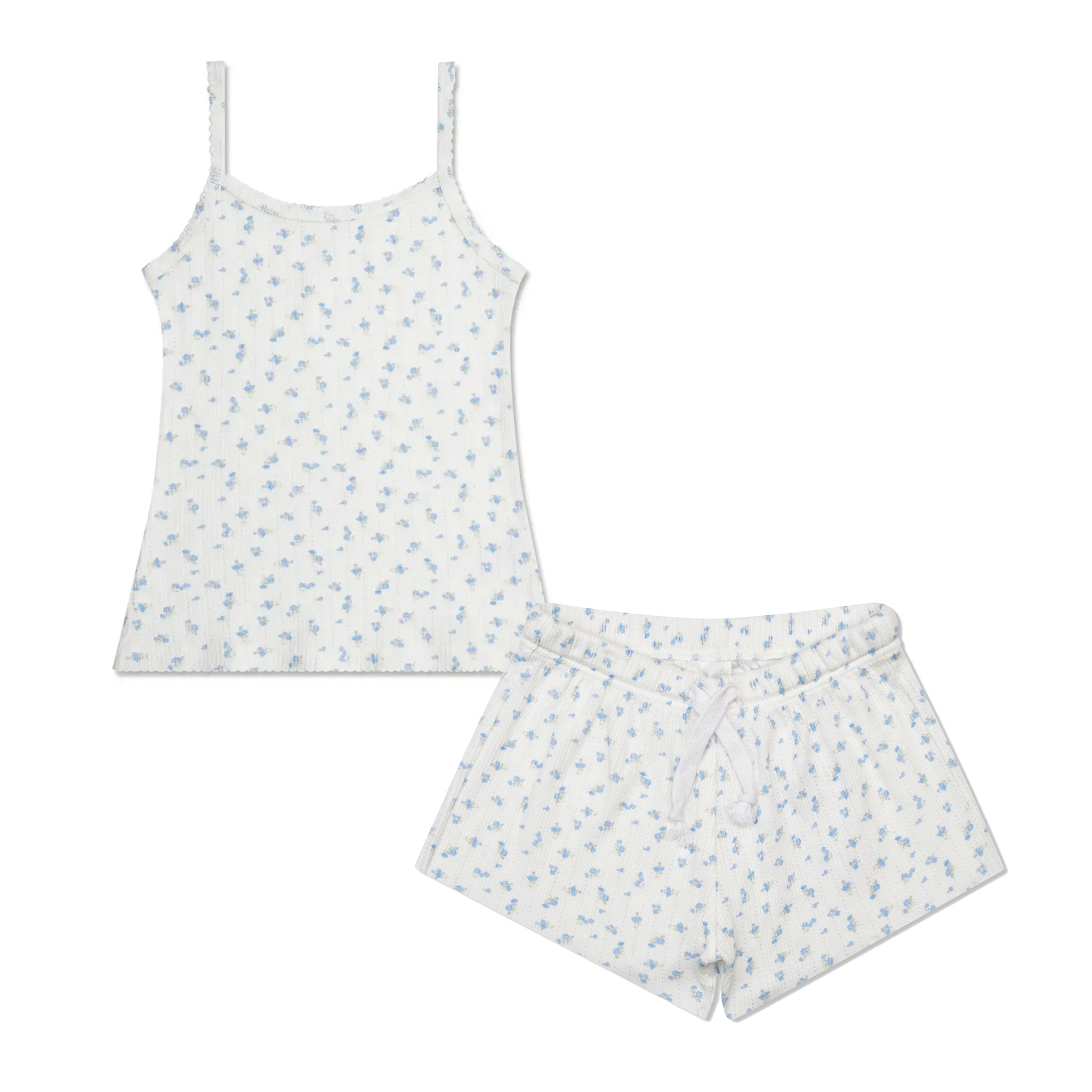 A two-piece children's sleepwear set featuring a white camisole tank top and matching shorts, both decorated with a small light blue floral pattern.